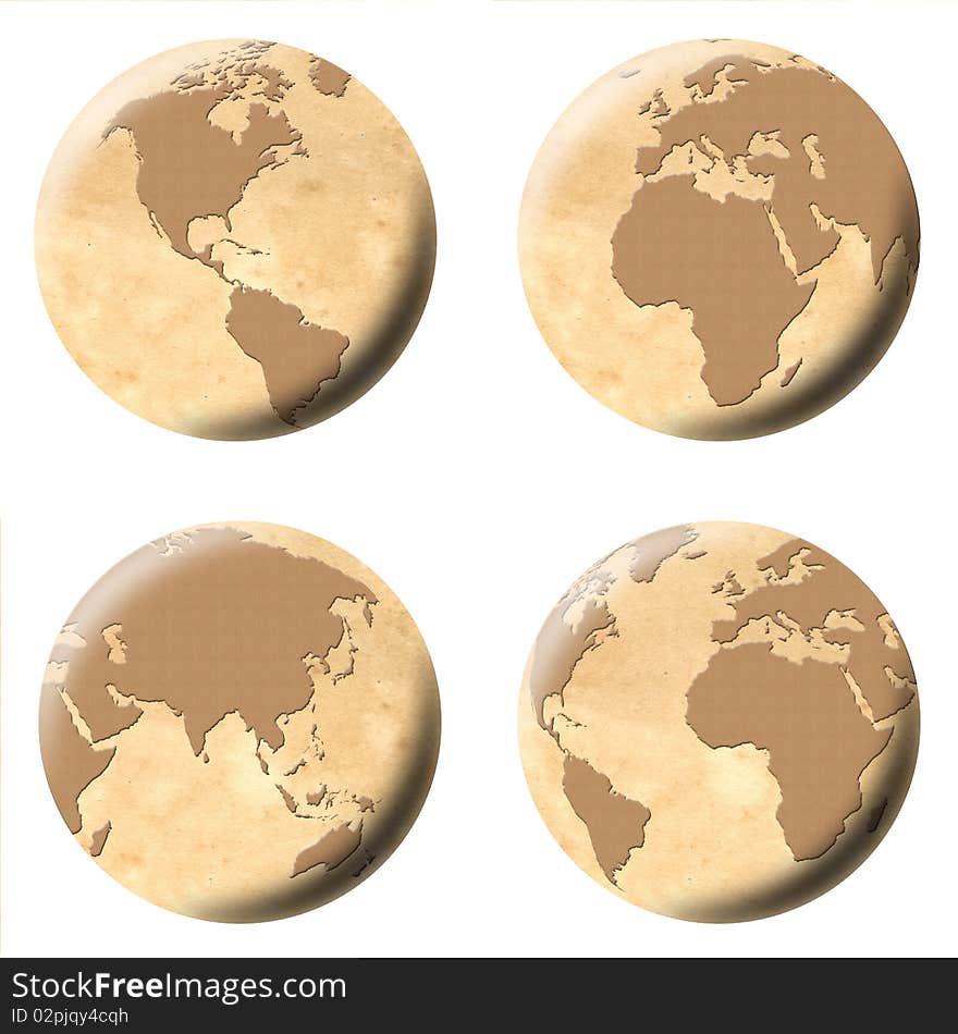 Globe of world old style. four different views. white background for easy clipping. Globe of world old style. four different views. white background for easy clipping