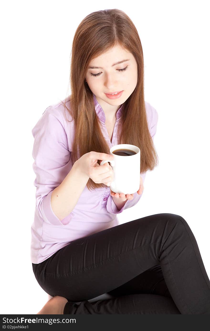 Young girl with mug with coffee