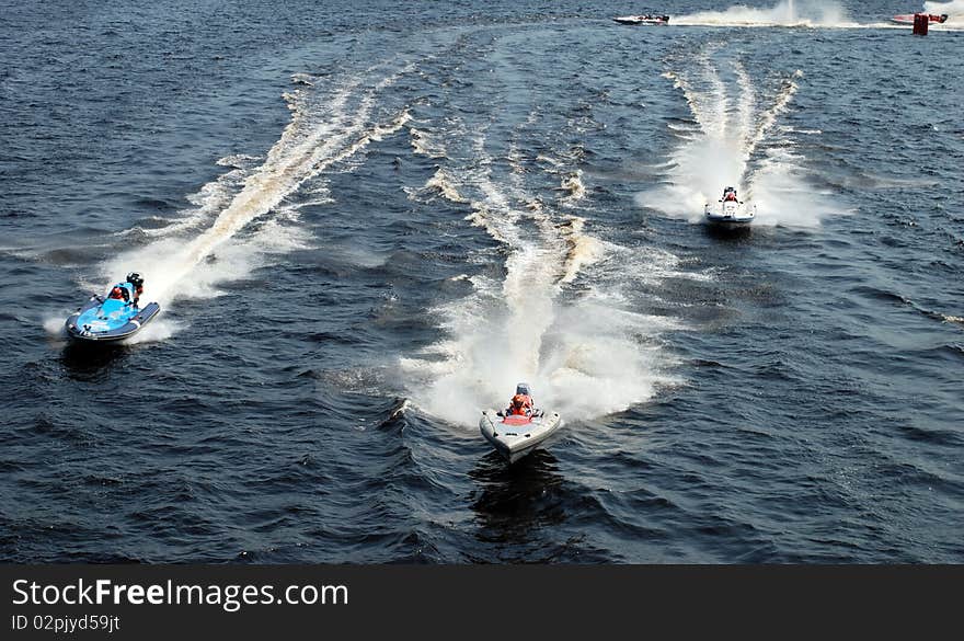 Very fast three speedboats racing. Very fast three speedboats racing