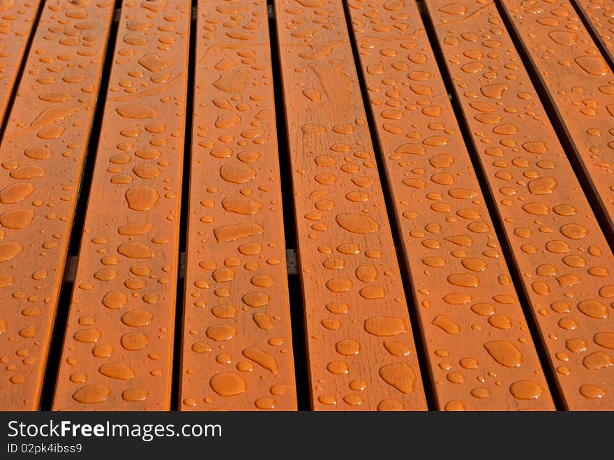 After rain water drops on wood floor