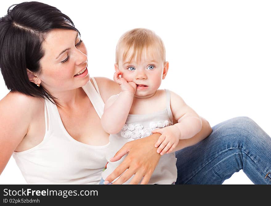 Mother and doughter. Isolated on white background