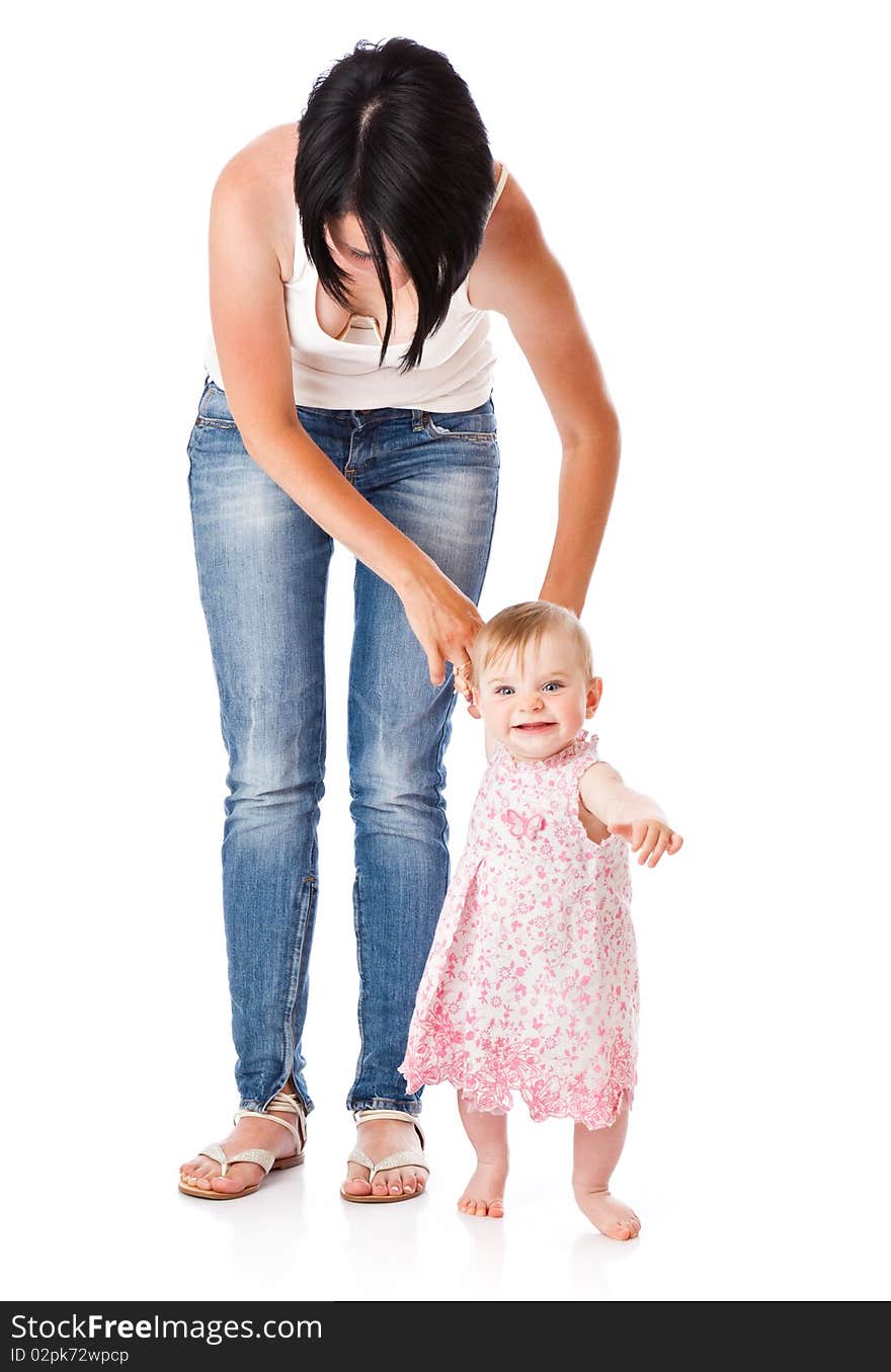 Mother and doughter. Isolated on white background