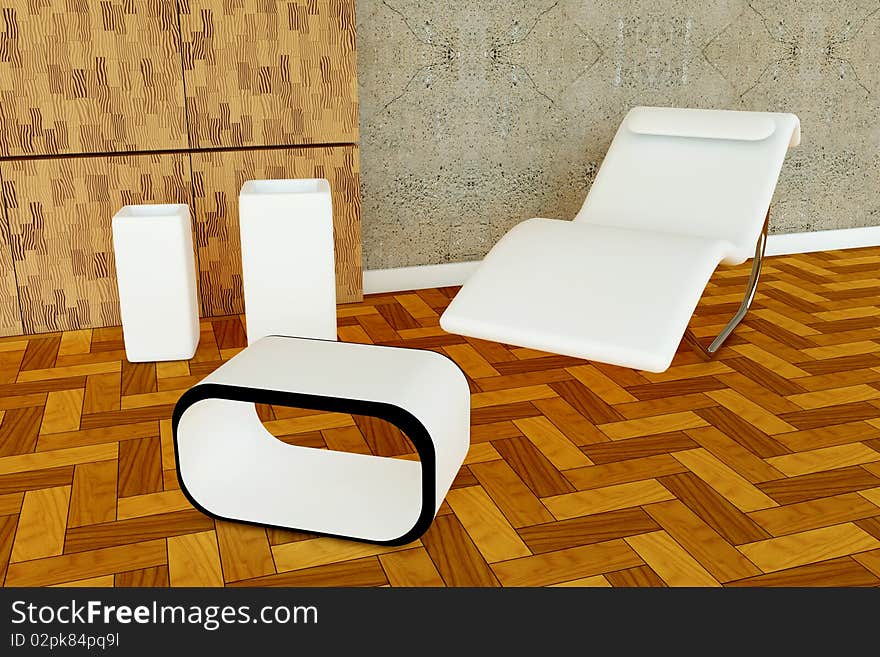 3d rendered armchair with two white vase and modern table. 3d rendered armchair with two white vase and modern table