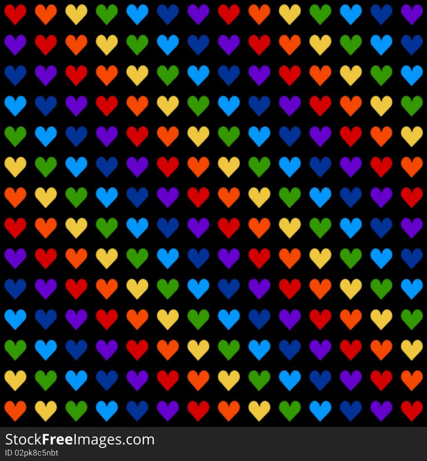 Black background with hearts , that have rainbow colors . The width and height of the one heart are 400 px . Black background with hearts , that have rainbow colors . The width and height of the one heart are 400 px .