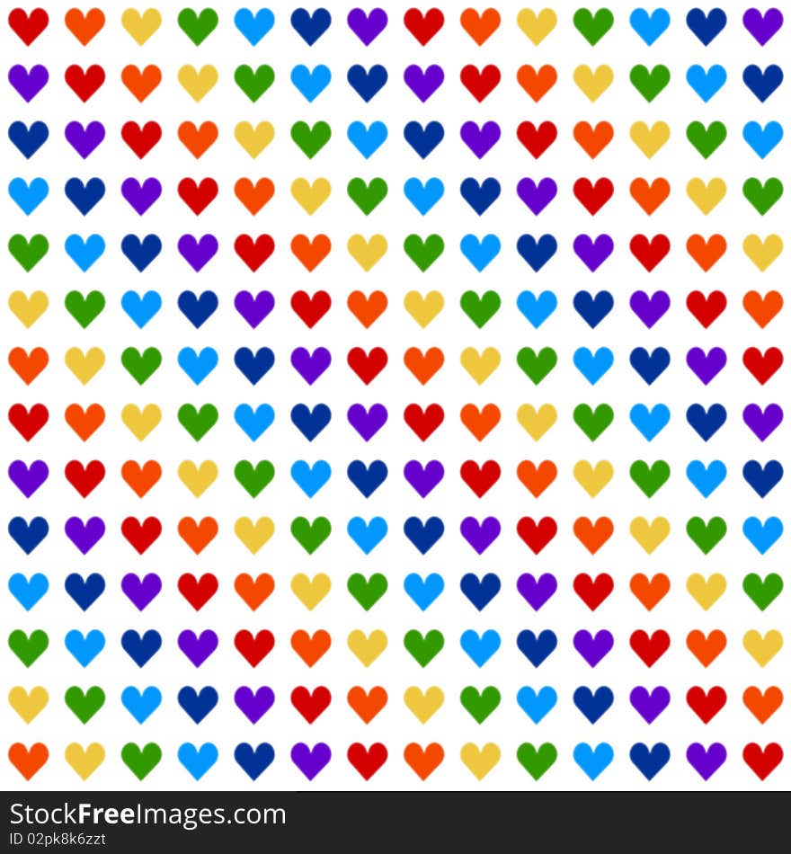 White background with hearts , that have rainbow colors . The width and height of the one heart are 400 px . White background with hearts , that have rainbow colors . The width and height of the one heart are 400 px .