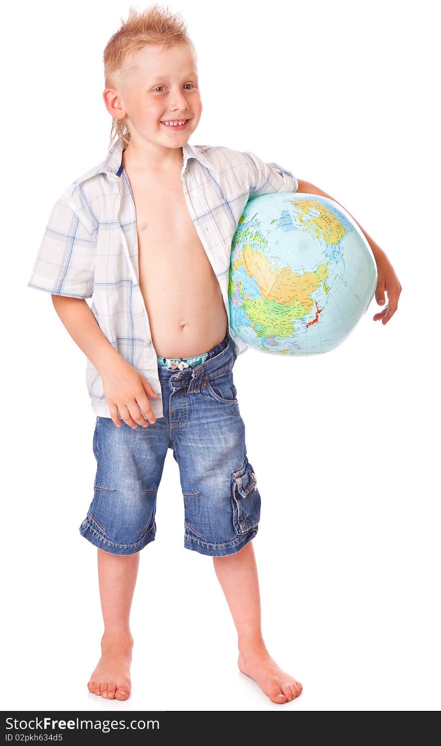 Boy and globe. Isolated on white background