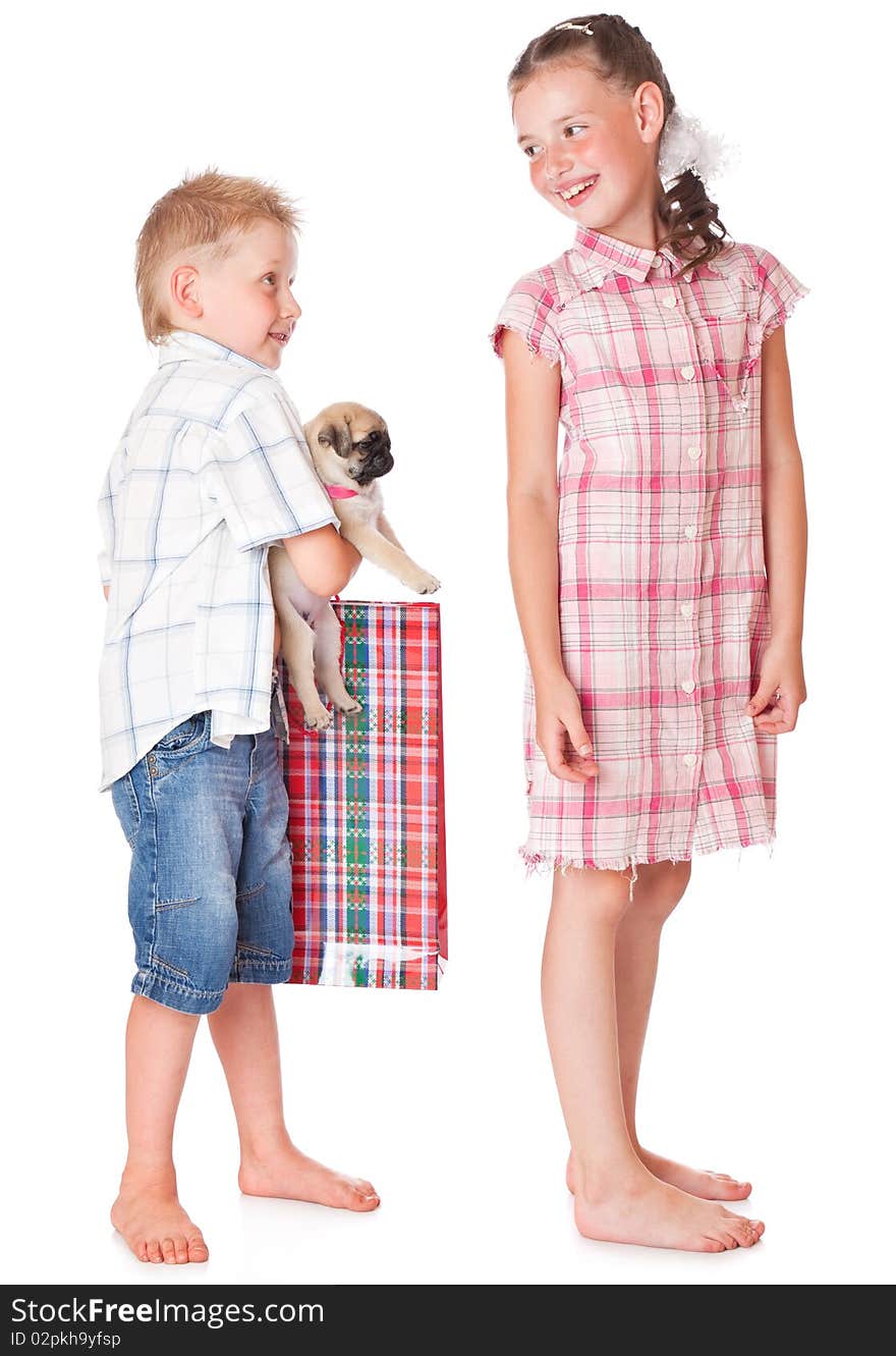 Boy with present for girl. Isolated on white background. Boy with present for girl. Isolated on white background