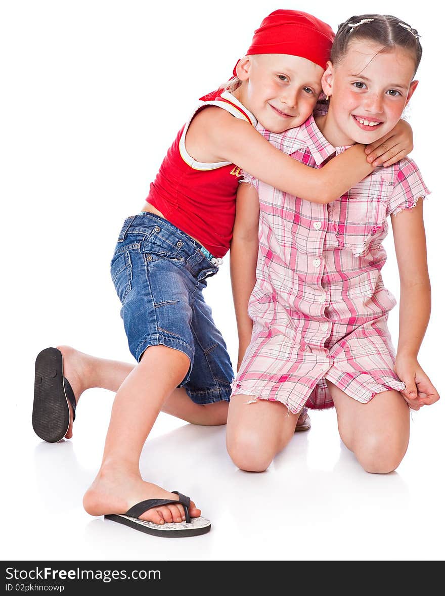 Brother and sister. Isolated on white background