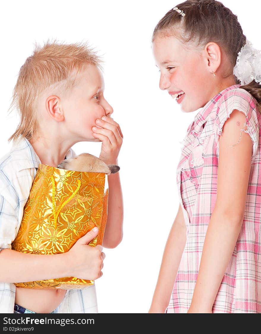 Boy with present for girl. Isolated on white background. Boy with present for girl. Isolated on white background