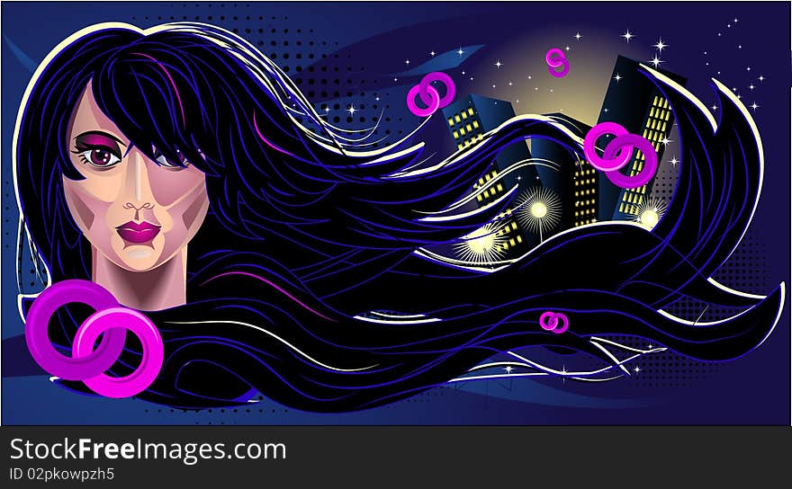 Head of woman with black hair on the urban  background. Head of woman with black hair on the urban  background