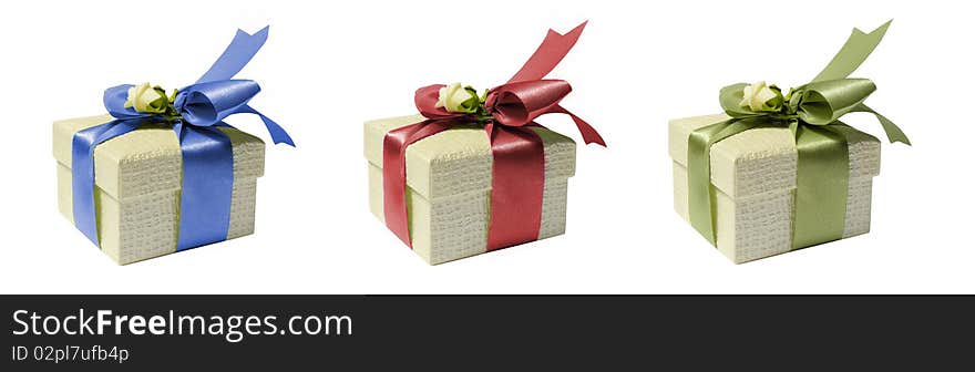 Gift boxes with  ribbon and a rose isolated on a white background