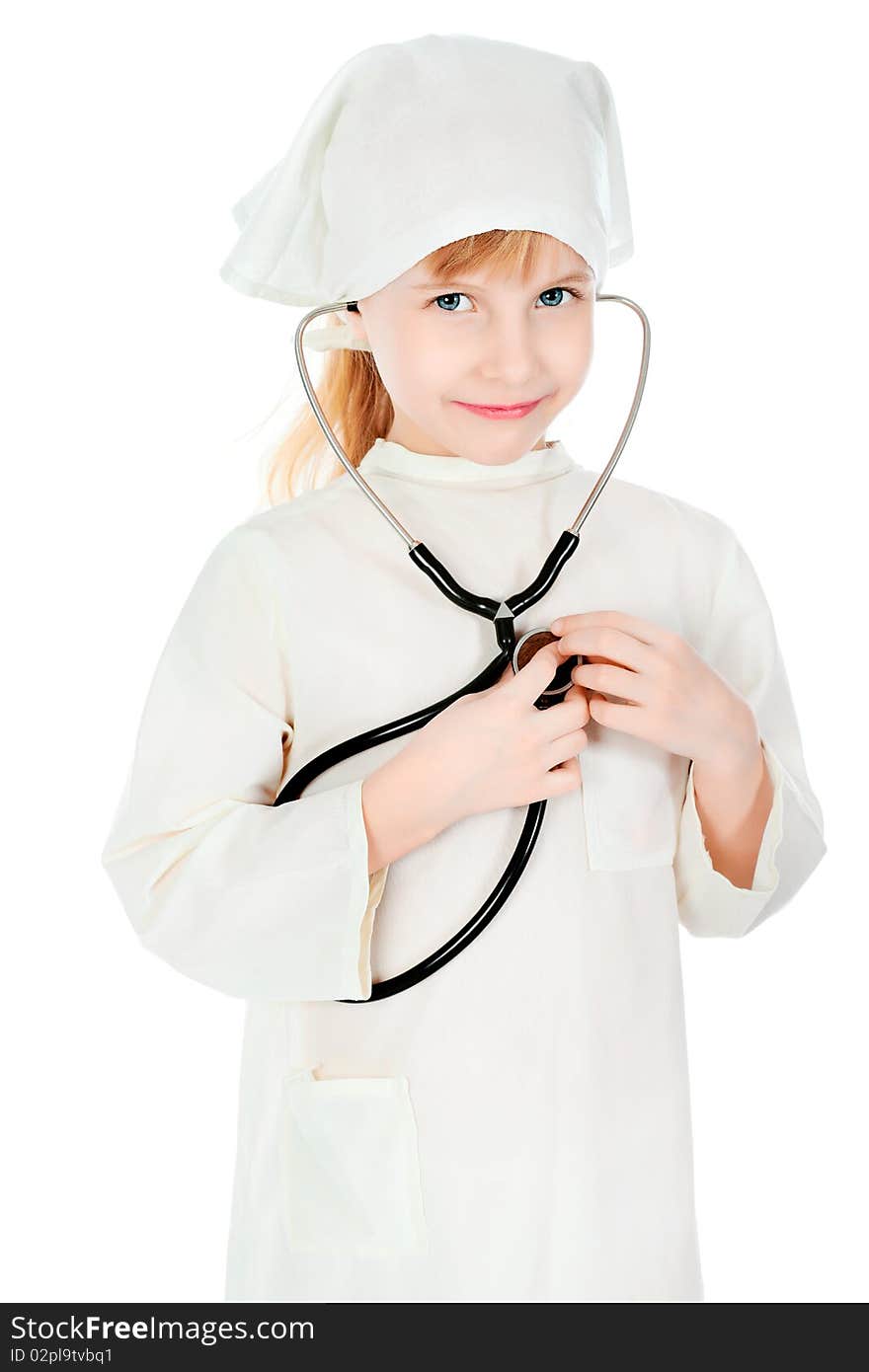 Shot of a little girl in a doctors uniform. Isolated over white background. Shot of a little girl in a doctors uniform. Isolated over white background.