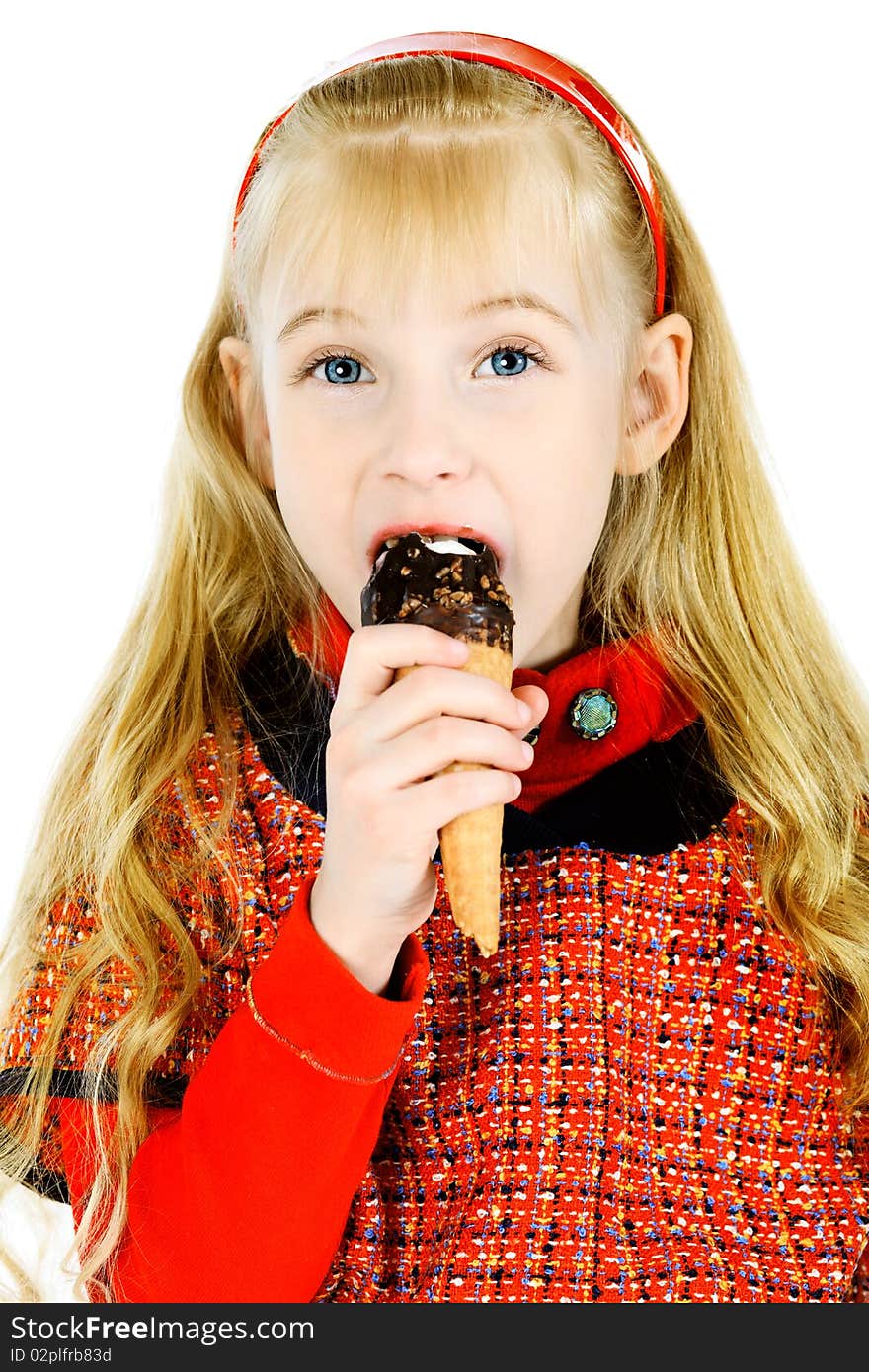 Little girl is eating chocolate ice-cream. Isolated over white background. Little girl is eating chocolate ice-cream. Isolated over white background.