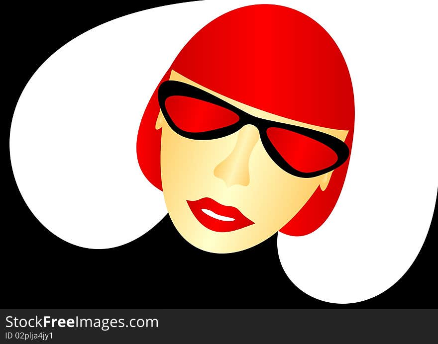 The girl, dressed in black and red glasses on a white background. The girl, dressed in black and red glasses on a white background.