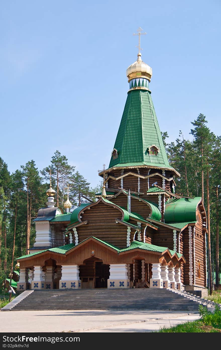 Wooden orthodox church in Russia, Urals shot in direct sunlight