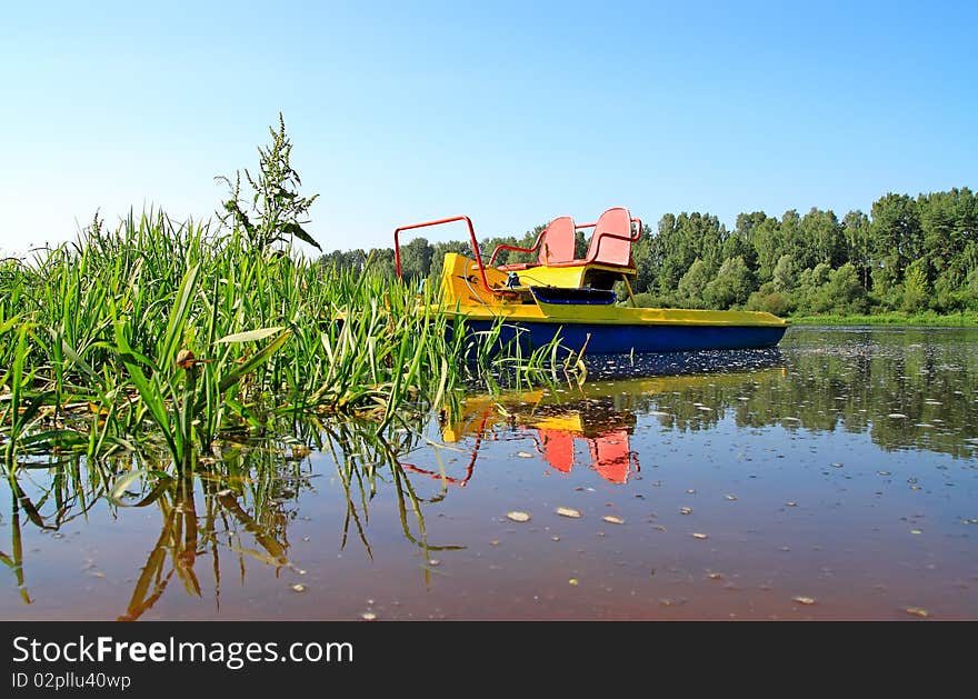 Catamaran, standing by the river in the reeds, photographed in a forest and blue sky. Catamaran, standing by the river in the reeds, photographed in a forest and blue sky