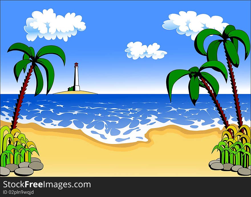 Beach with palm trees,  vector illustrations, image format - A4