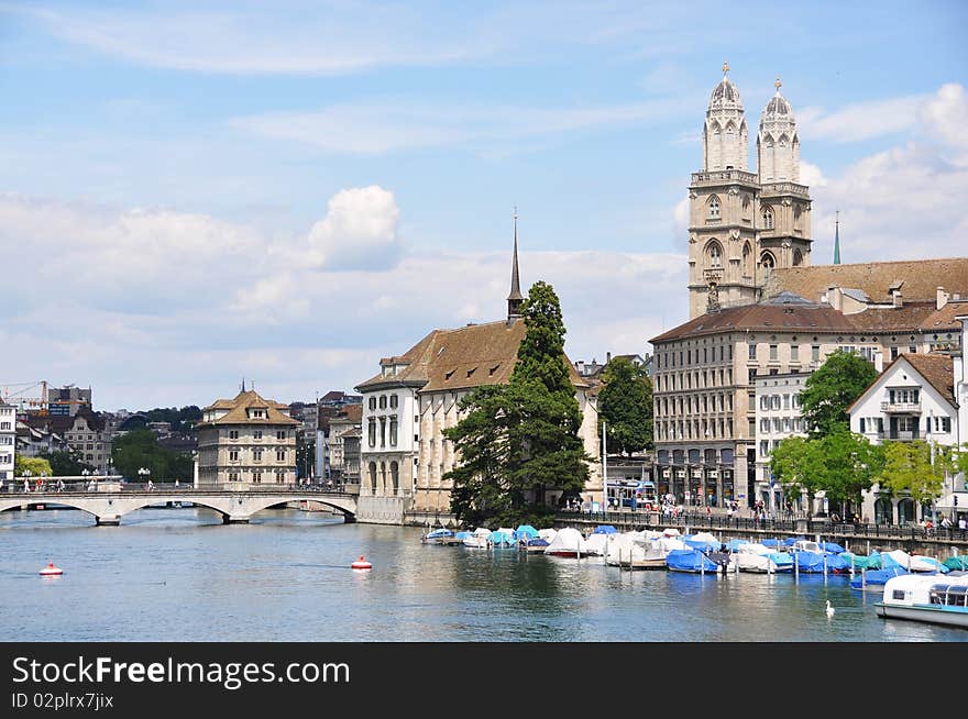 Grossmuenster church and City Hall in Zurich downtown