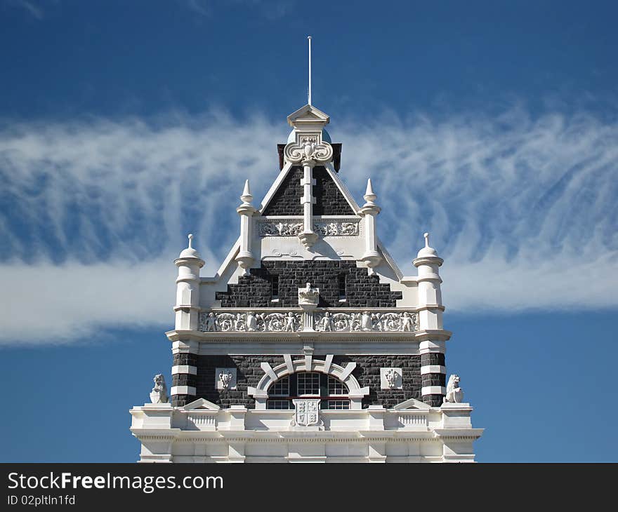 Renaissance revival architecture, closeup on blue sky background. Renaissance revival architecture, closeup on blue sky background