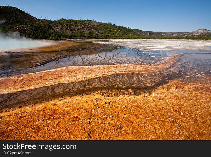 The microbial mat of bacteria and algae surrounding Grand Prismatic Spring at Midway Geyser Basin creates a colorful mosaic. The microbial mat of bacteria and algae surrounding Grand Prismatic Spring at Midway Geyser Basin creates a colorful mosaic.