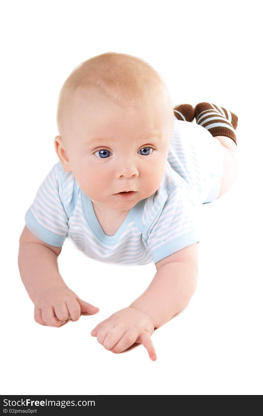 Little pretty baby with blue eyes isolated on white background