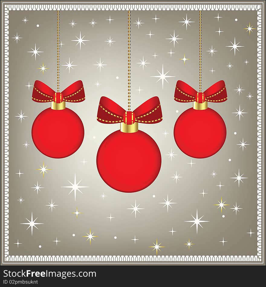 Red Christmas Baubles with decorated bows stars and small patterened frame frame