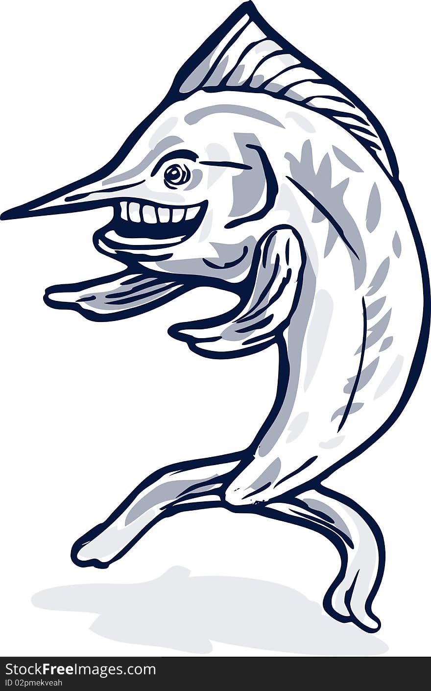 Illustration of a blue marlin cartoon pointing fins