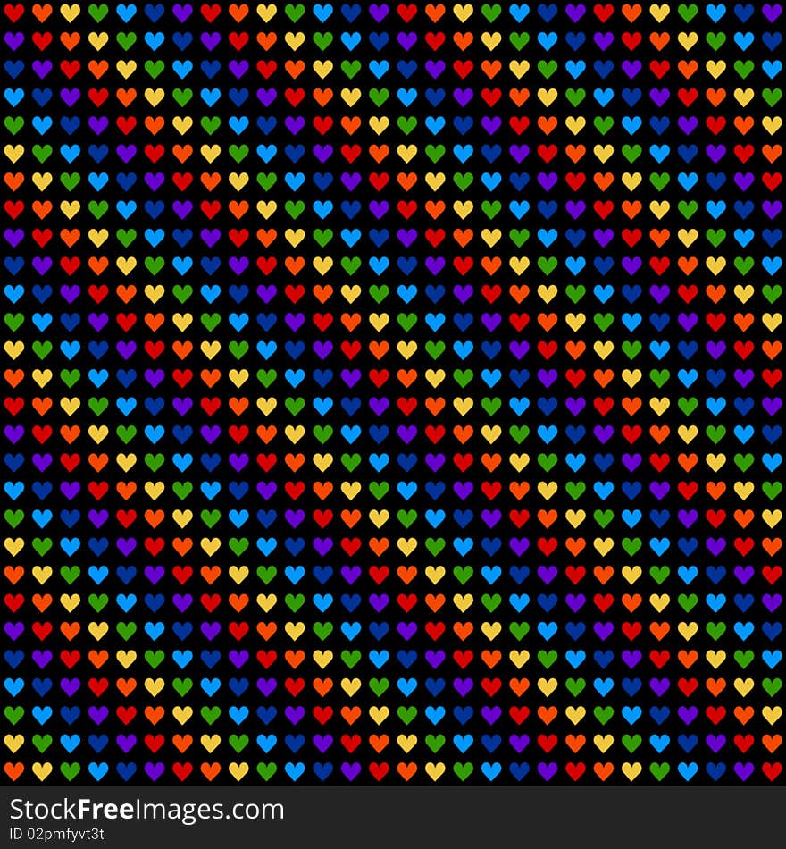 Black background with hearts , that have rainbow colors . The width and height of the one heart are 200 px . Black background with hearts , that have rainbow colors . The width and height of the one heart are 200 px .