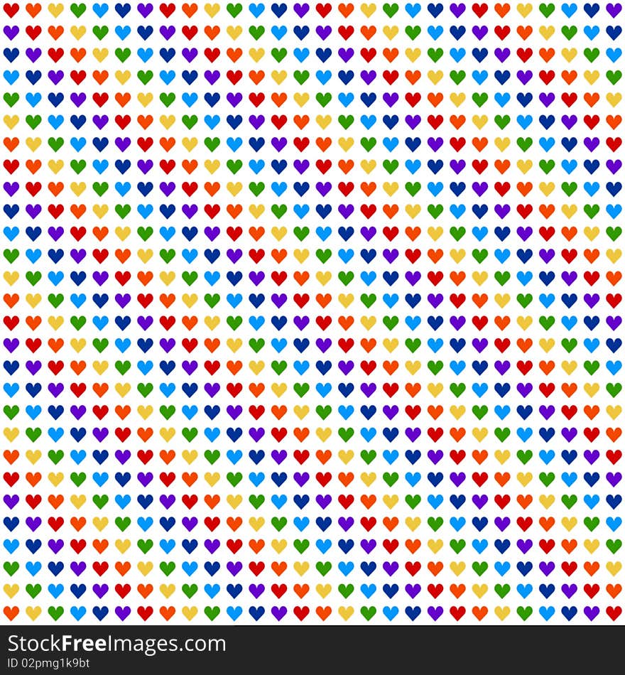 White background with hearts , that have rainbow colors . The width and height of the one heart are 200 px . White background with hearts , that have rainbow colors . The width and height of the one heart are 200 px .