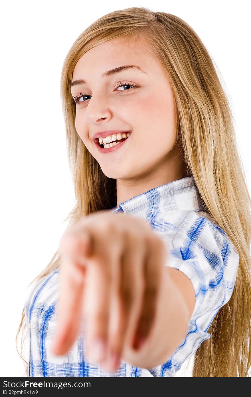 Women smiling and pointing at the camera on a isolated white background