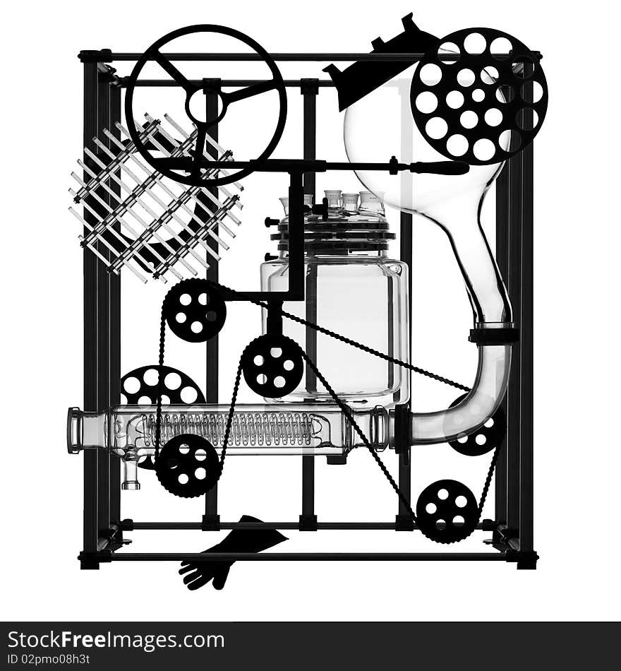 Montage of scientific laboratory glass sihlouetted against white background composed to look like machine parts