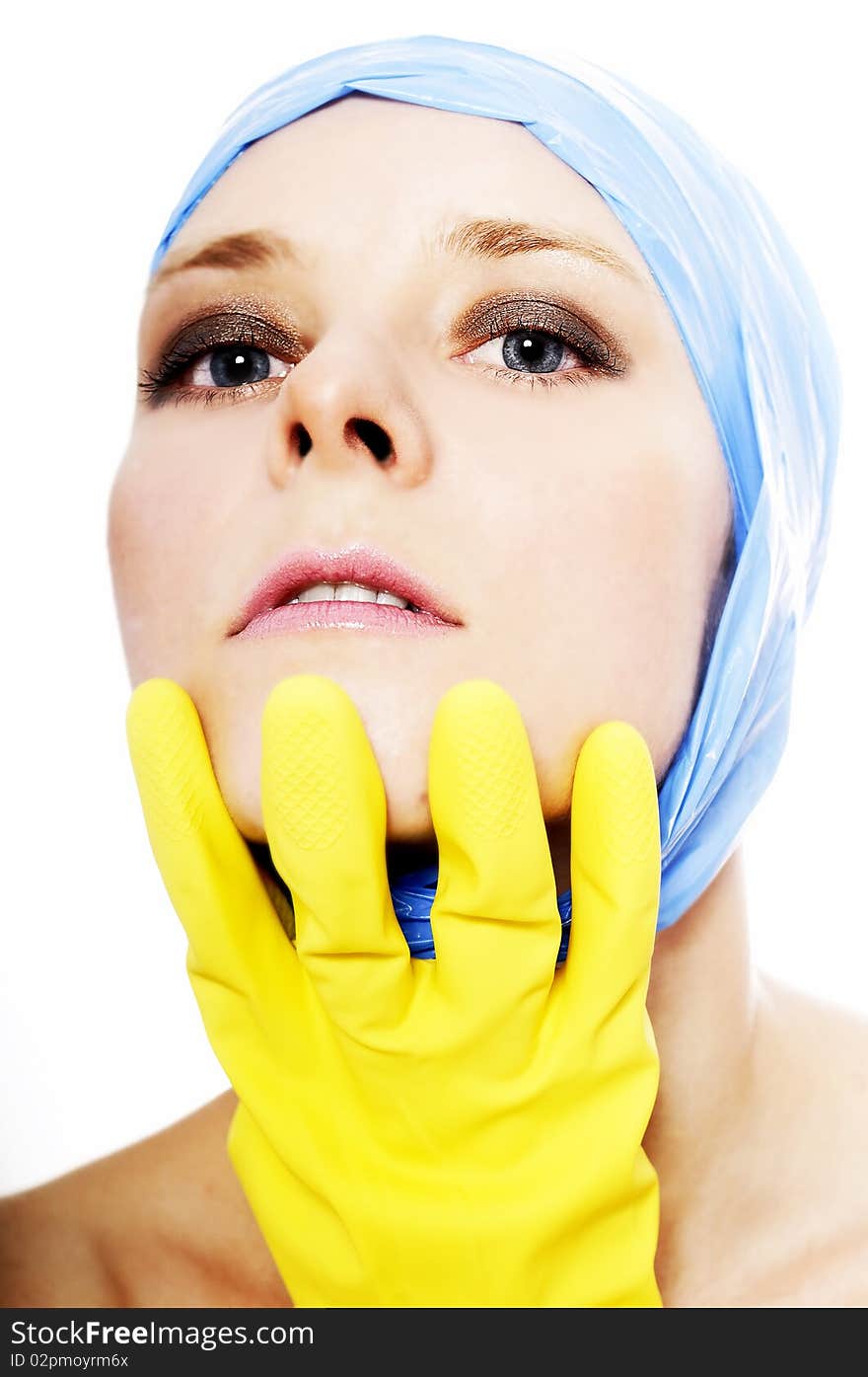 House wife in gloves bored with cleaning. House wife in gloves bored with cleaning