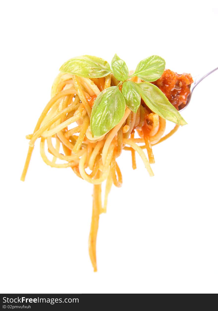 Spaghetti bolognese on a fork