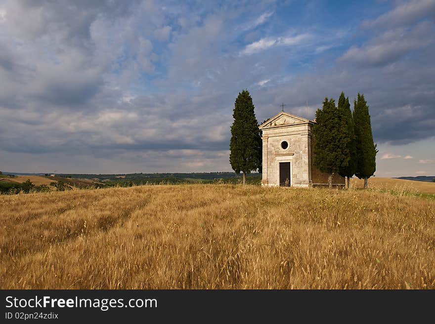 Church in the middle of the field.Middle of the field is peaceful.