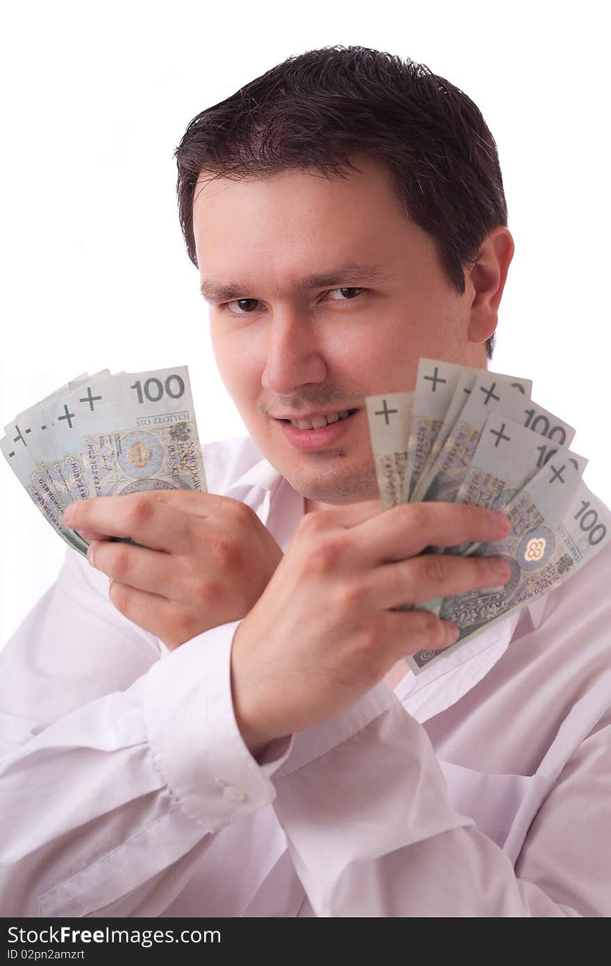 Adult caucasian businessman, with a lot of money in his hands. White background. Adult caucasian businessman, with a lot of money in his hands. White background.