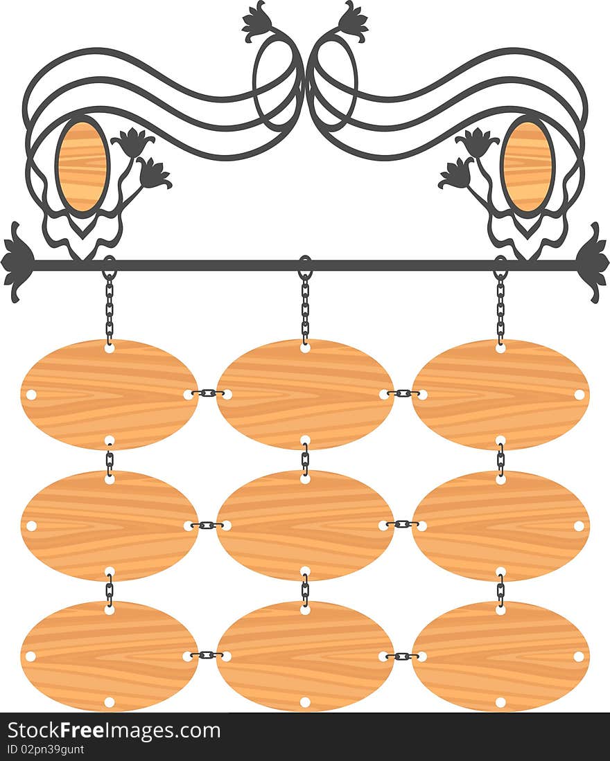 Signs of wood, decorated with chains and forging. Signs of wood, decorated with chains and forging