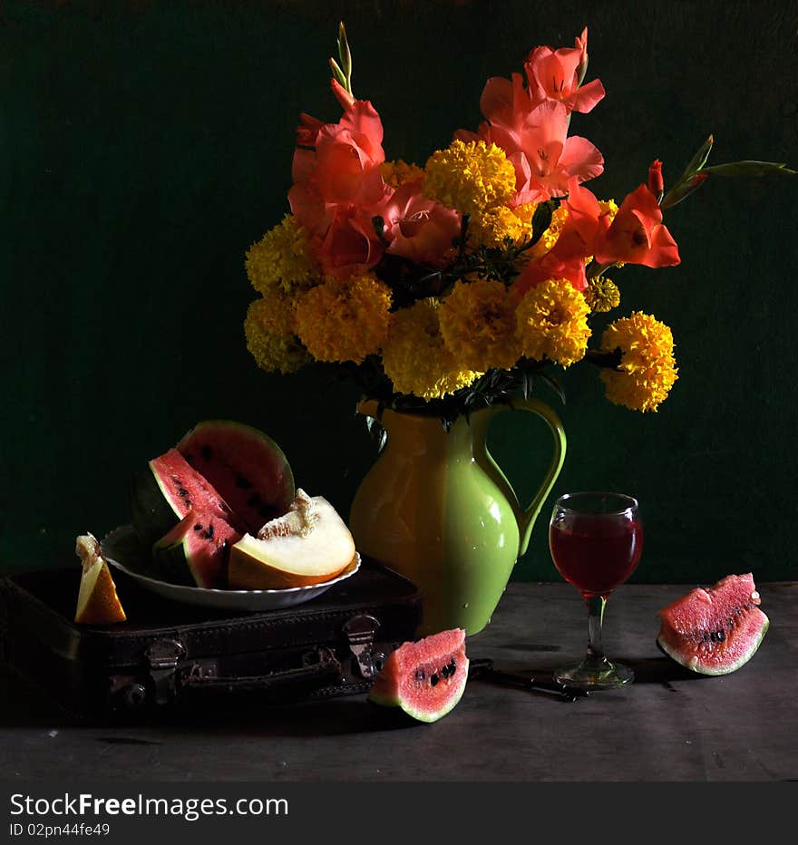 Still life with marigolds and gladioluses