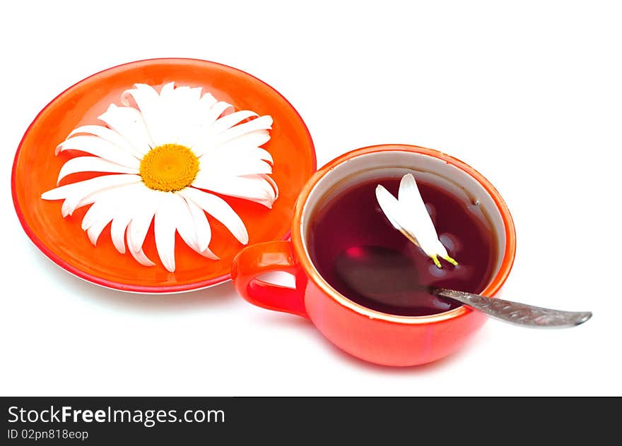 Orange cup tea  and camomiles at the background