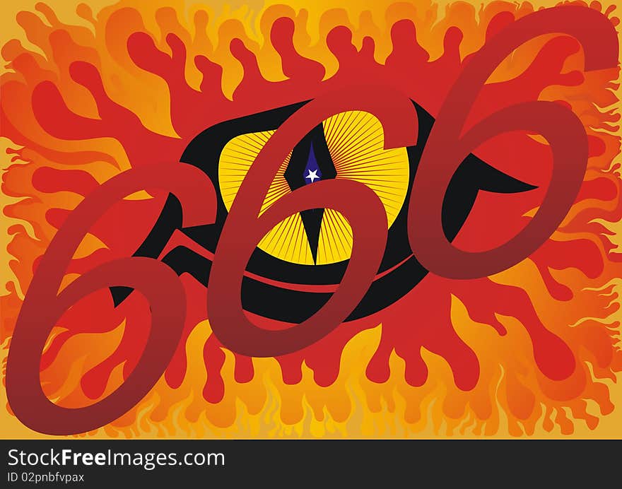 Eye of the Devil and the number 666 on the background of burning flame. Eye of the Devil and the number 666 on the background of burning flame