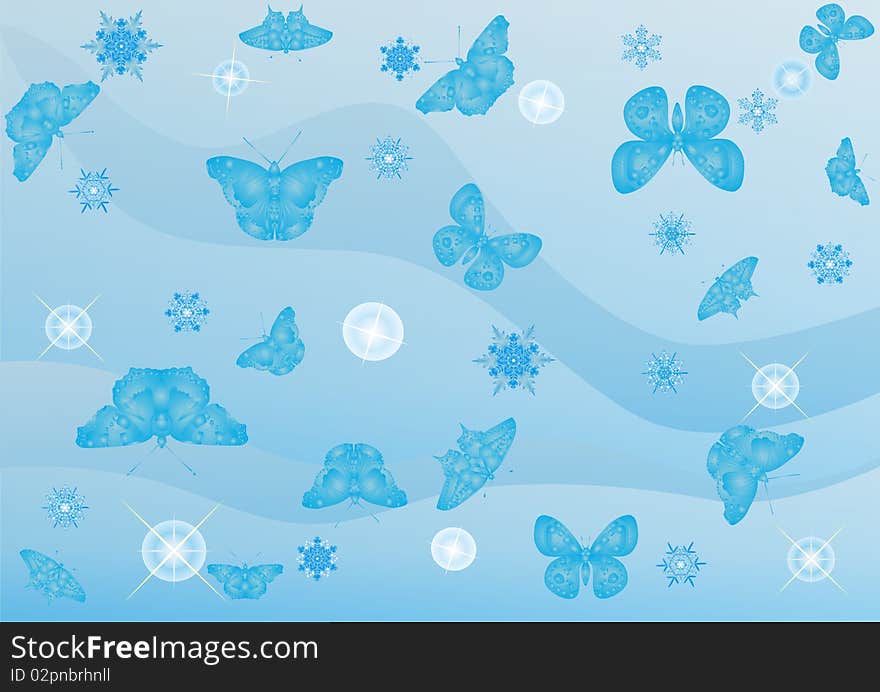 Abstract winter background of falling snowflakes and flying butterflies. Abstract winter background of falling snowflakes and flying butterflies