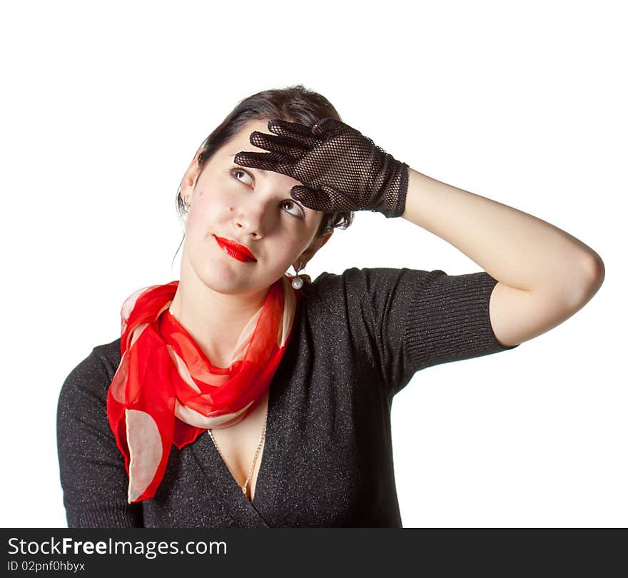 Young beautiful woman in black gloves. Young beautiful woman in black gloves