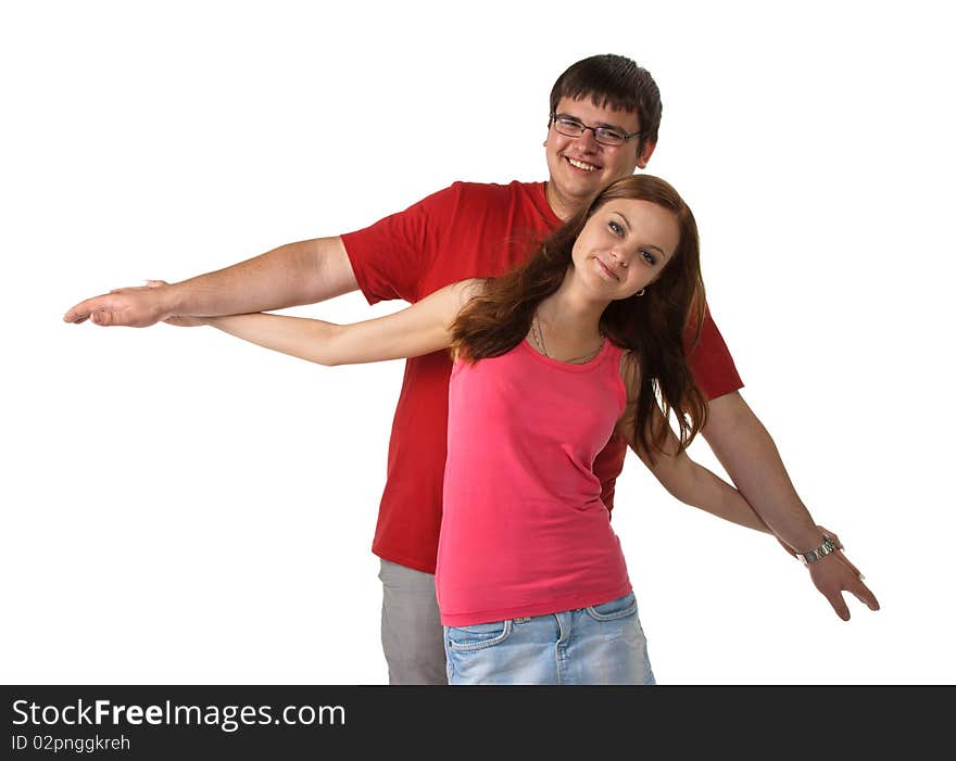 Happy young couple on a white background