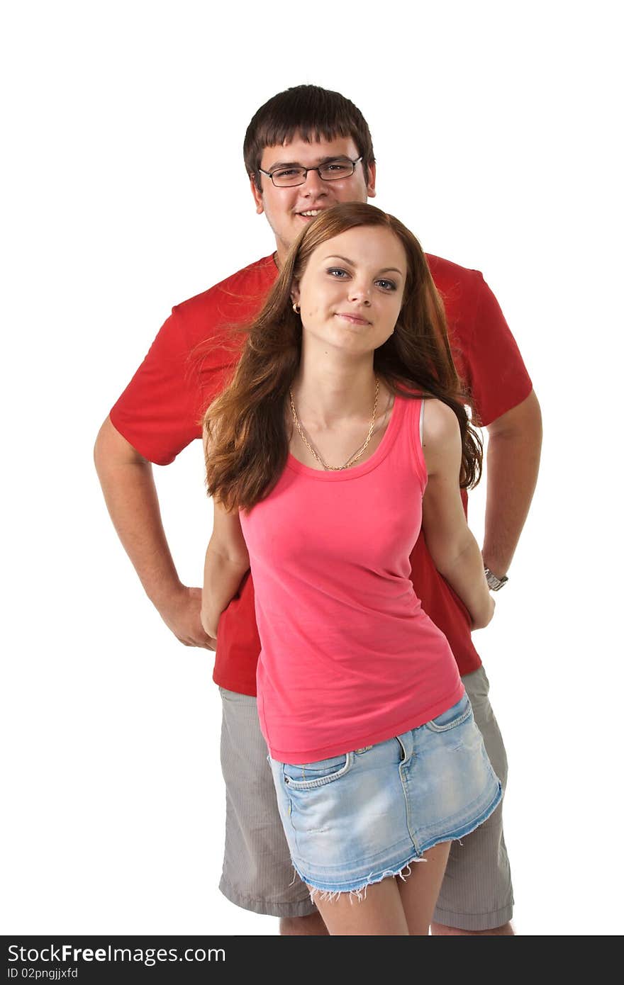 Happy young couple on a white background