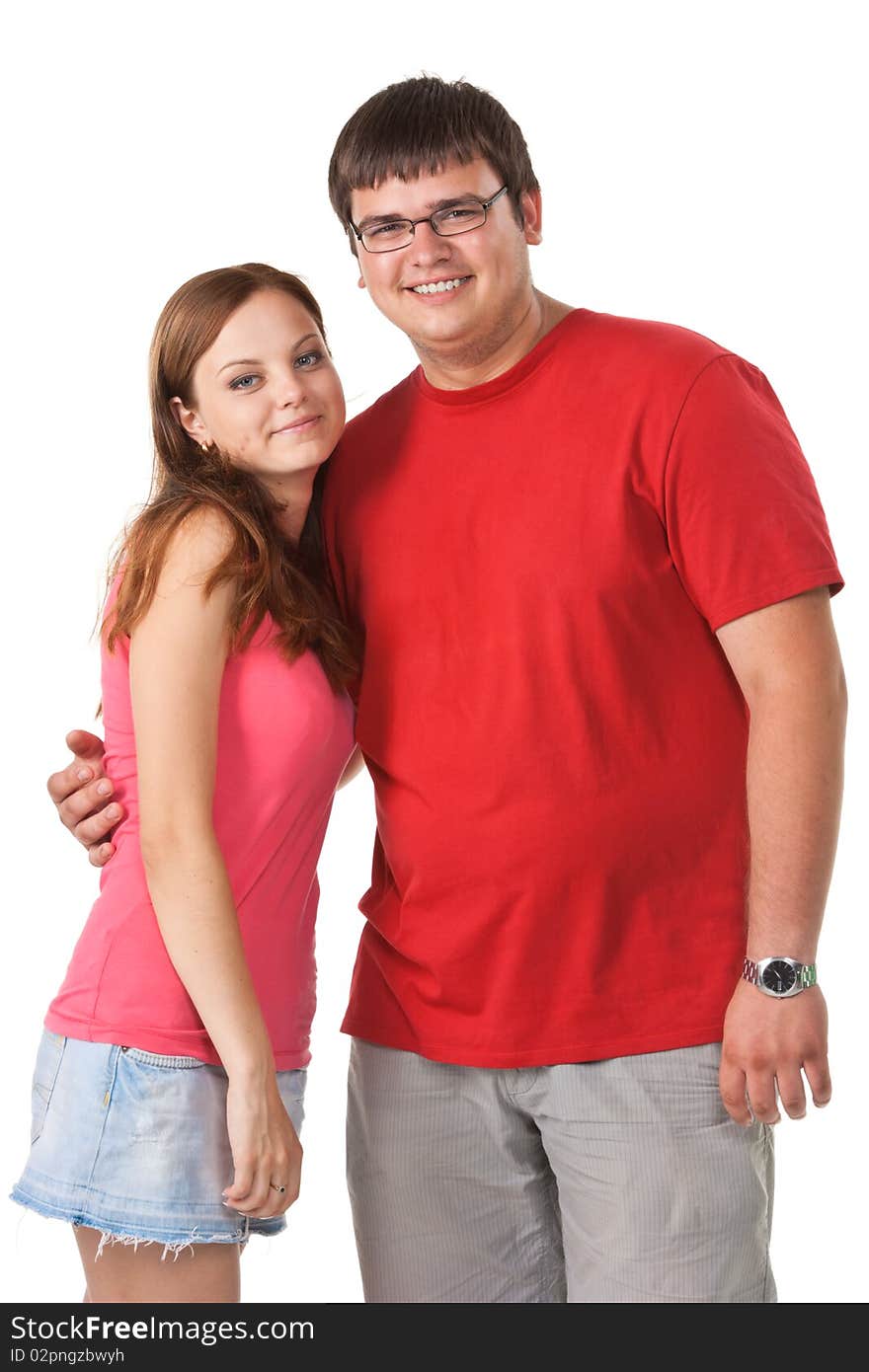 Happy young couple on a white background