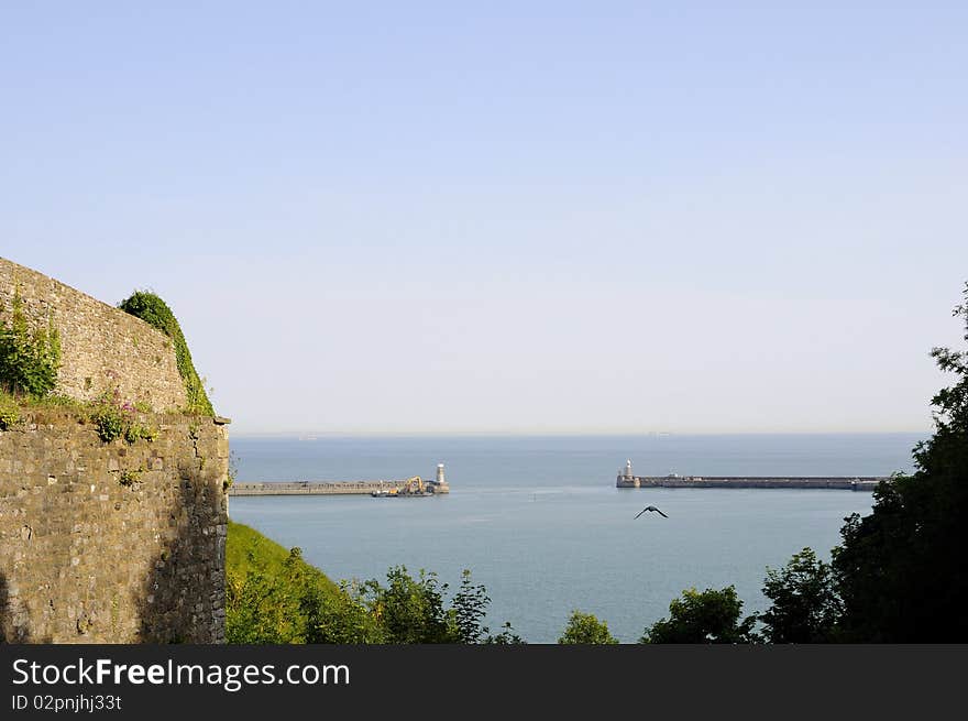 View From Dover Castle With Ferries Entrance