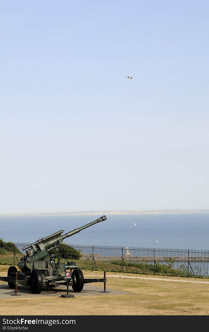 One canon  of Dover Castle from Kent UK. One canon  of Dover Castle from Kent UK