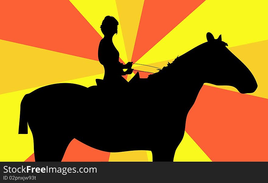 The illustrated girl sits on a horse on a bright background. The illustrated girl sits on a horse on a bright background