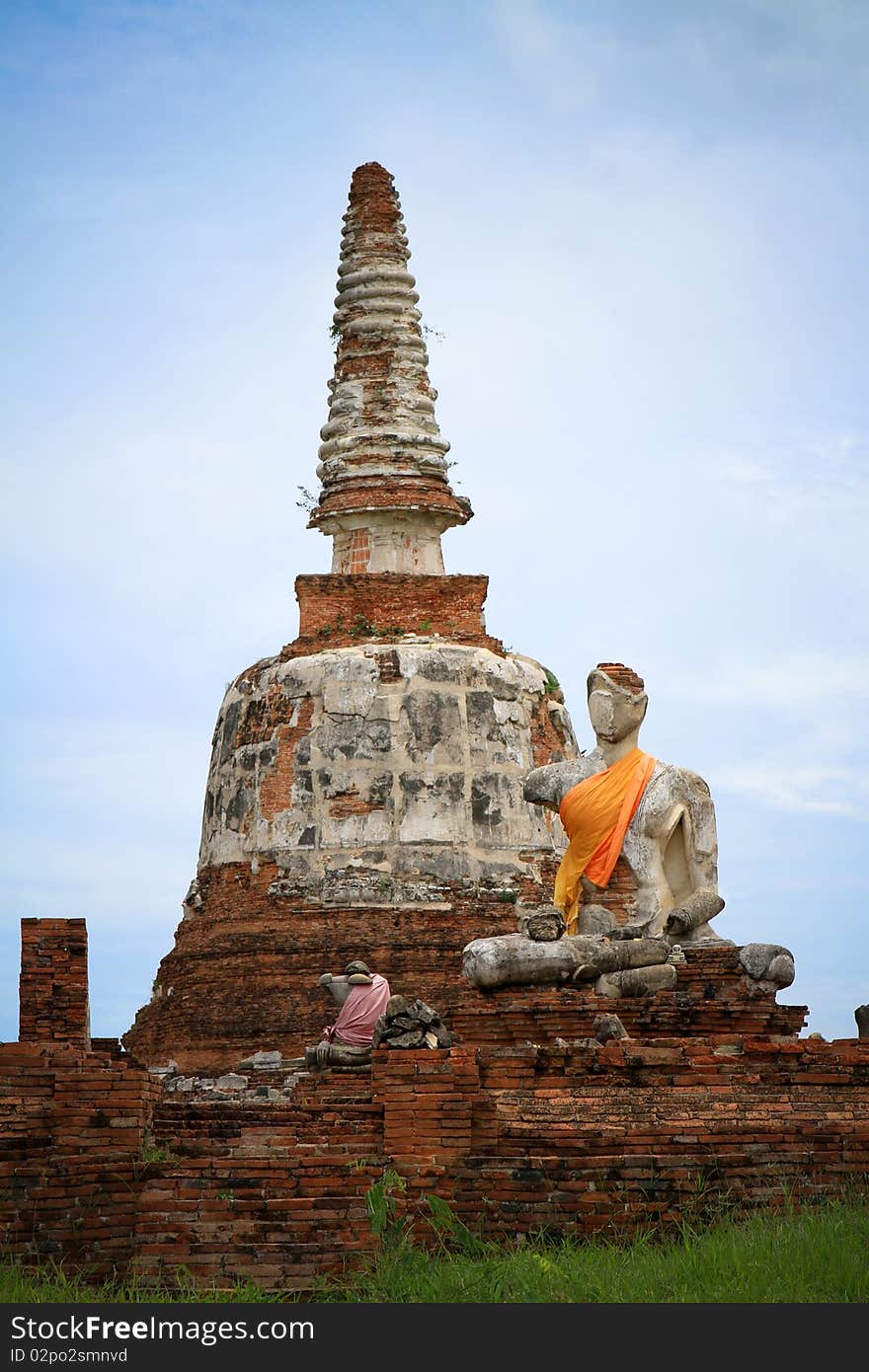 Ruin buddha with the old pagoda in thailand