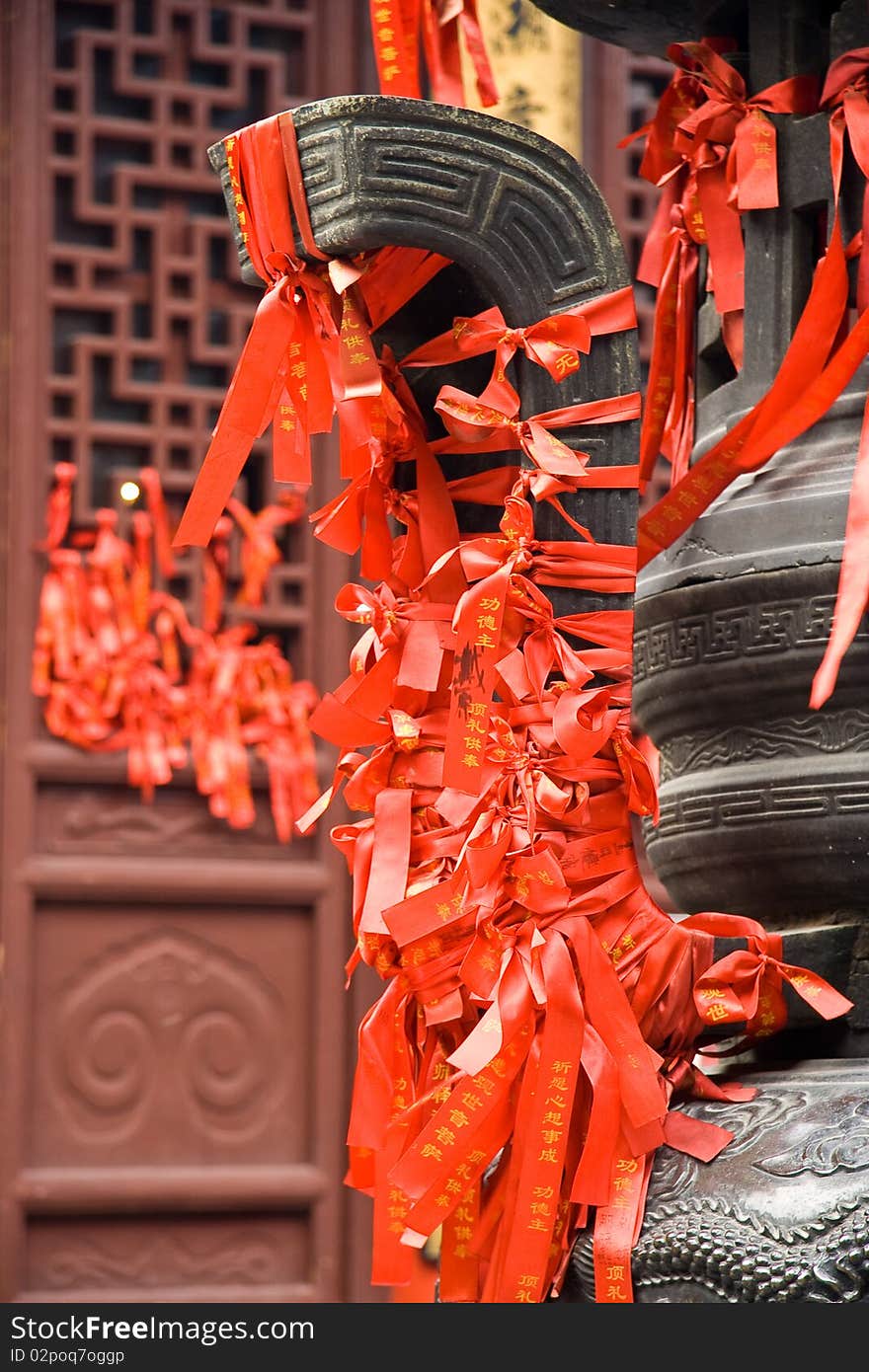 Chinese prayer ribbons hanging at Jade Buddha temple in Shanghai