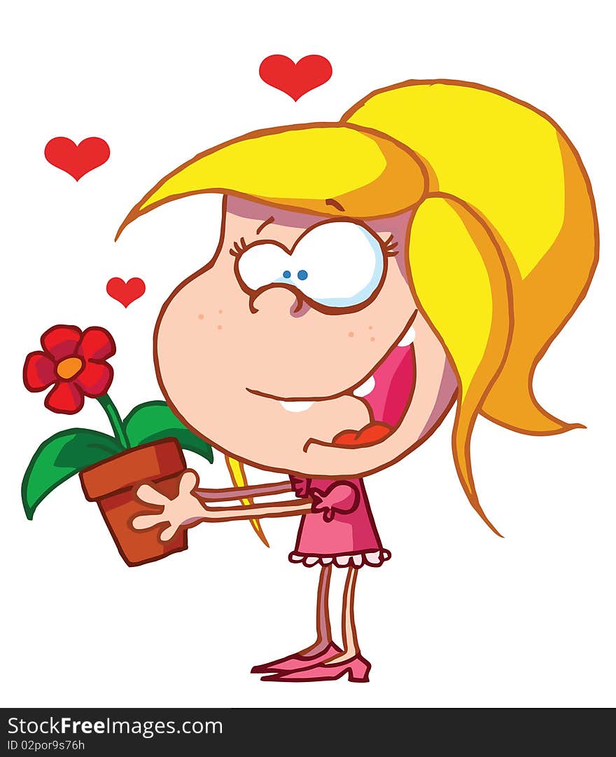 Excited blond caucasian girl holding a flower growing in a pot. Excited blond caucasian girl holding a flower growing in a pot